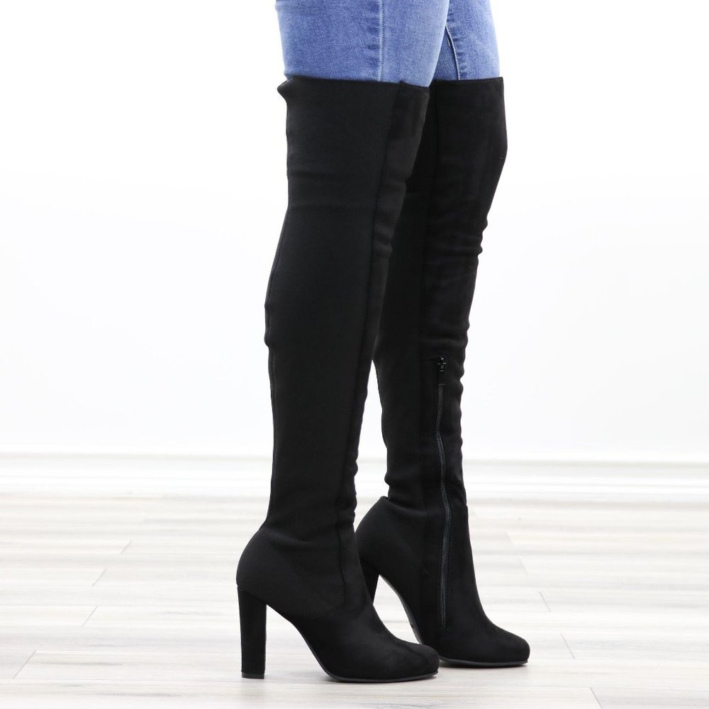 Faux Suede & Stretchy Material Thigh High Boots - Picture 4 of 13